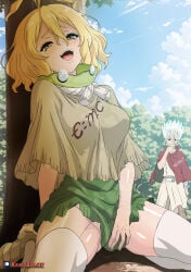 dr.stone ai_generated suika_(dr.stone) blonde_hair medium_hair ahegao wide_eyes open_mouth shocked_expression blush sweat facial green_bikini_top leaf_bikini large_breasts exposed_breasts cleavage sitting leaning_on_tree pov looking_at_viewer forest_background ishigami_senku masturbating fingering fingering_pussy orgasm_face kami_otaku