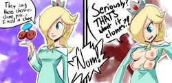 4_breasts angry areolae blonde_hair blue_eyes body_modification breasts crown double_cherry earrings female hair_over_one_eye humor invalid_tag jewelry mario_(series) multi_breast nintendo nipples princess_rosalina solo speech_bubble super_mario_3d_world thehumancopier torn_clothes