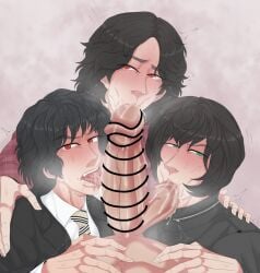 3boys arata_kagami balls balls_sucking black_hair censored censored_penis colored cum cum_drip cum_dripping_from_balls cum_dripping_from_penis cum_from_mouth cum_from_oral cum_in_mouth disaste1960713 drool erect_penis erection gay gay_blowjob gay_oral gay_sex green_eyes hand_on_crotch hands_on_crotch hands_on_shoulders hi_res kamen_rider kamen_rider_blade_(series) kamen_rider_kabuto_(series) kamen_rider_kuuga_(series) licking licking_penis male male/male/male/male male_focus male_only motion_lines necktie oral oral_sex orgasm orgasm_from_oral penis pov pov_crotch red_eyes sakuya_tachibana saliva saliva_on_tongue saliva_trail sucking_balls sucking_tip suit suit_and_tie sweat sweatdrop tongue tongue_out tremble_lines tremble_spikes trembling trembling_penis triple_blowjob triple_oral yaoi yusuke_godai