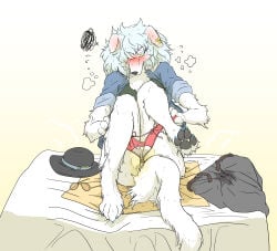 absurd_res anthro blush bodily_fluids borzoi butt canid canine canis clothed clothing domestic_dog ear_piercing embarrassed female fur genital_fluids genitals hair half_naked hat headgear headwear hi_res hunting_dog mammal mttbsmn omorashi peeing piercing sighthound solo suoha tail underwear urine wetting yellow_eyes