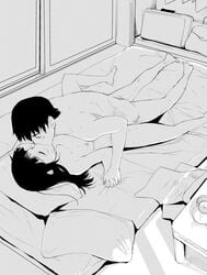 1boy bed_sheet bedding black_hair breasts closed_eyes female flat_chest hand_holding hijikata_keisuke holding_hands interlocked_fingers kissing long_hair missionary monochrome mozu_(peth) nipples pillow romantic sakamoto_mio sex sliding_doors straight strike_witches