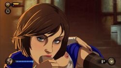 animated bioshock bioshock_infinite corset elizabeth_comstock female first_person_view gameplay_mechanics male partial_male pov short_hair zone brunette brunette_hair brunette_female brunette-haired_female tan_body tan_skin tan_skinned_female tan_skinned blue_eyes gif lips red_lips breasts nipples areolae areola no_panties stockings blue_dress blue_vest necklace wooden_box penis blowjob blowjob_face fellatio penis_in_mouth sucking sucking_penis