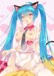 animal_ears apron aqua_hair bandaid bandaids_on_nipples blush breasts cat_ears cat_tail collar female hatsune_miku heart heart-shaped_pupils long_hair mvv necktie open_mouth pasties red_eyes sitting solo symbol-shaped_pupils tail thighhighs tied_hair twintails very_long_hair vocaloid