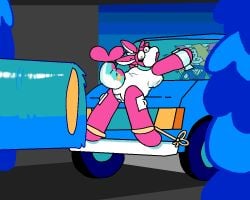 carwash car_wash car pooltoy sqrkyclean malibu_(sqrkyclean) gif animated brushes brush rope_bondage rope tied_up smug aqua_(sqrkyclean) white_fur blonde_hair blue_eyes bikini blue_car pink_body white_body driving inanimate tickle_torture rotating_brushes presenting_hindquarters scared_expression scared tape taped_hands steering_wheel cat_ears feline shark shark_tail anthro anthro_only collared collar tail_tied