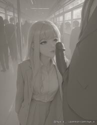 nyx_x ai_generated explicit 1girl long_hair smile bangs skirt shirt 1boy jacket monochrome hetero greyscale pleated_skirt parted_lips penis solo_focus collared_shirt lips uncensored erection train_interior