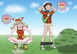 1boy 1girl 1girls alternate_version_available bladder blush breasts brendan_(pokemon) censored female grass male may_(pokemon) papergami peeing peeing_together penis pokemon pussy squatting standing urine_pool vagina