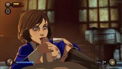 animated bioshock bioshock_infinite corset elizabeth_comstock female first_person_view gameplay_mechanics male partial_male pov short_hair zone brunette brunette_hair brunette_female brunette-haired_female tan_body tan_skin tan_skinned_female tan_skinned blue_eyes gif lips red_lips breasts nipples areolae areola no_panties stockings blue_dress blue_vest necklace wooden_box licking licking_penis penis frenulum_stimulation frenulum_licking frenulum_lick