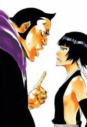 1boy 1girls accurate_art_style accurate_body_type ai_generated angry arguing backless_outfit bangs bare_shoulders big_lips black_eyes black_hair black_kimono bleach blunt_bangs bodily_fluids breasts clenched_teeth clothing clothing_aside duo duo_focus eye_contact eyebrows face-to-face fat fat_male female gloves haori height_difference in_profile index_finger_raised kimono lineart lips looking_at_another male manga_style nervous nervous_sweating no_bra official_style oomaeda_marechiyo overweight overweight_male parted_lips petite pettanko pointing robe sash serious shiny shiny_hair shiny_skin short_hair short_hair_with_long_locks side_view sideboob sideburns simple_background slender_body slender_waist small_breasts soifon standing sui-feng sweat sweatdrop teeth thin_eyebrows tite_kubo_style traditional_clothes upper_body wafuku white_background white_sash