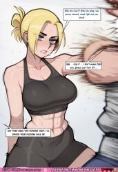ai_generated comic comics comic_strip annie_leonhardt attack_on_titan 1girl solo blonde_hair blue_eyes ponytail muscular muscular_female abs six_pack biceps strong thick_thighs large_breasts toned_body sweat sweaty_body black_sports_bra black_shorts sportswear tight_clothing punching action_pose dynamic angry expression smug dominant femdom speech_bubble english_text text indoors nsfwcomic meowllete