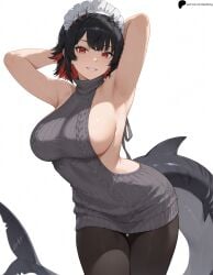 1girl 1girls ai_generated armpits arms_behind_head bangs black_hair breasts ellen_joe hi_res high_quality high_resolution highres hoyoverse large_breasts legs_together light looking_at_viewer maid_headdress multicolored_hair nose opal_nemy pantyhose patreon_logo patreon_url patreon_username plain_background red_eyes red_hair self_upload shadow shark_girl shark_tail shiny shiny_clothes shiny_hair shiny_skin short_hair simple_background solo standing sweater thighs turtleneck_sweater virgin_killer_sweater watermark white_background zenless_zone_zero