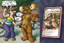 2021 anthro antlers balls barefoot camelid casual_nudity comic deer dialogue duo electronics english_text erection feet female fur genitals hi_res horn lgbt_pride llama male mammal moose nanimoose nanimoose_(character) new_world_deer nipples outside pansexual_pride_colors phone photo plantigrade pride_colors profanity text