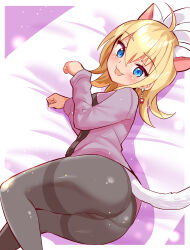 1girl :3 :d ahoge animal_ears arm_up ass ass_focus black_pantyhose blaster_master_zero blonde_hair blue_eyes blush cat_ears cat_tail commission commissioner_upload cougar_(cougar1404) earrings eve_(blaster_master_zero) extra_ears from_side jacket jewelry looking_down lying medium_hair on_bed open_mouth pantyhose paw_pose purple_jacket ribbon skeb_commission smile solo tail white_ribbon
