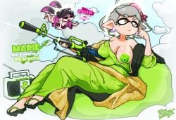 2girls big_breasts callie_(splatoon) charger_(splatoon) female female_only green_nipples huge_breasts inkling long_hair marie_(octo_canyon) marie_(splatoon) mole mole_under_eye multicolored_hair multiple_girls nintendo nipples one_breast_out pointy_ears short_hair splatoon splatoon_(series) splatoon_2 splatoon_2:_octo_canyon squid_sisters tentacle_hair thesoderaddict two-tone_hair