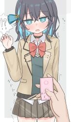 !? 1girl 1other absurdres black_collar black_hair blue_bow blue_eyes blue_hair blush border bow bowtie brown_jacket brown_skirt collar collared_shirt colored_inner_hair commentary_request controller crossed_bangs dress_shirt embarrassed green_sweater_vest grey_background hair_between_eyes hair_bow hand_up highres holding holding_controller holding_remote_control jacket long_sleeves medium_hair miniskirt miyamai_moca motion_lines multicolored_hair open_mouth outside_border pleated_skirt pov pov_hands pussy_juice red_bow red_bowtie remote_control remote_control_vibrator sasapi sex_toy shirt sidelocks simple_background skirt sound_effects streaked_hair sweater_vest tearing_up thighs vibrator voicepeak white_border white_shirt