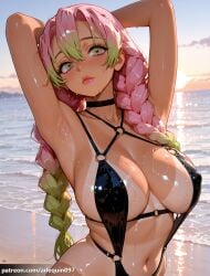 1girl ai_generated arlequin097 armpits arms_behind_head arms_up artist_name bare_shoulders beach bikini_tan black_choker black_one-piece_swimsuit blurry_background blush braid breasts choker cleavage cloud collarbone covered_nipples day demon_slayer gradient_hair gradient_sky green_eyes green_hair hair_between_eyes kanroji_mitsuri large_breasts lips lipstick long_hair looking_at_viewer makeup mitsuri_kanroji mole mole_under_each_eye mole_under_eye multicolored_hair multiple_moles navel o-ring o-ring_bikini o-ring_swimsuit ocean one-piece_swimsuit one-piece_tan outdoors parted_lips patreon_username pink_hair pink_lips presenting_armpit shiny_skin sky slingshot_swimsuit solo stomach sun sunset swimsuit tan tanlines tri_braids twin_braids two-tone_hair water wet