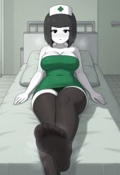 1girls solo solo_female female female_only doctorloops veronica_(doctorloops) ai_generated damenjer front_view lying_on_bed sfw neutral_expression looking_at_viewer short_hair black_hair no_nose nurse nurse_cap dress short_dress green_dress 5_fingers panties green_panties panties_exposed stockings black_stockings clothing clothed clothed_female feet feet_focus feet_fetish foot_fetish 5_toes feet_up presenting_feet steam steamy_feet smelly_feet close-up_feet tight_clothing tight_dress