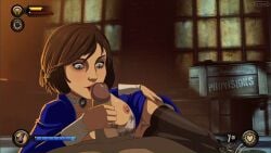 animated bioshock bioshock_infinite corset elizabeth_comstock female first_person_view gameplay_mechanics male partial_male pov short_hair zone brunette brunette_hair brunette_female brunette-haired_female tan_body tan_skin tan_skinned_female tan_skinned blue_eyes gif lips red_lips breasts nipples areolae areola no_panties stockings blue_dress blue_vest necklace wooden_box licking licking_penis penis frenulum_stimulation frenulum_licking frenulum_lick
