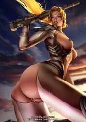 alternate_costume areolae ass blonde_hair bodysuit breast_cutout breasts female goggles goggles_on_head gun lips lips_parted long_hair looking_back nipples nova_(starcraft) ponytail pussy rifle solo starcraft terran_ghost text tied_hair uncensored weapon yellow_eyes zumi