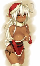 :< amber_eyes antenna_hair areola_slip areolae blush breasts christmas cleavage collar dark-skinned_female dark_elf dark_skin elf female hat large_breasts long_hair nipple_slip nipples oohara_kyuutarou orange_eyes panties pointy_ears ponytail sansei_muramasa santa_costume santa_hat shirt_tug side-tie_panties small_clothes solo soukou_akki_muramasa thighhighs tied_hair underwear white_hair white_legwear