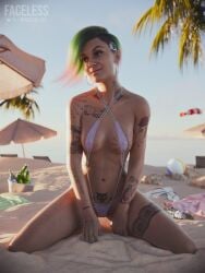 1girls 2026 3d barefoot beach beach_background beach_ball bikini bikini_only breasts brown_eyes cat_eyeliner covered_nipples cyberpunk_2077 earrings erect_nipples erect_nipples_under_clothes eyeliner faceless_xxx feet female female_only front_view green_and_purple_hair hoop_earrings judy_alvarez kneeling kneeling_on_ground legs_apart legs_apart_feet_together medium_breasts navel outdoors pink_bikini pokies pubic_tattoo sand sand_on_skin shaved_side skimpy skimpy_bikini sling_bikini smile solo tattoo tattoos tattoos_everywhere winged_eyeliner