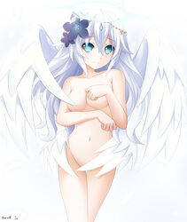 angel_wings black_heart blue_eyes blush breasts convenient_censoring female hair_ornament keenh long_hair looking_at_viewer navel neptunia_(series) noire nude power_symbol simple_background smile solo symbol-shaped_pupils very_long_hair white_hair wings