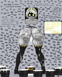 1girls ass ass_focus bucket bucket_of_cum cum cum_in_pussy female female_focus female_only grey_hair murder_drones pussy solo solo_female solo_focus tally_marks taped_mouth v_(murder_drones) wall yellow_eyes