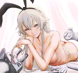 >_< anchor_hair_ornament arm_support ass ass_cleavage bangs black_ribbon breasts butt_crack cleavage closed_eyes closed_mouth female hair_between_eyes hair_ornament hairband hand_on_own_cheek holding holding_hair kantai_collection long_hair lying medium_breasts on_stomach pandarou panties playing red_eyes rensouhou-chan revision ribbon ribs shimakaze_(kantai_collection) sidelocks silver_hair smile topless torpedo underwear upper_body white_panties