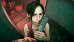 capcom resident_evil resident_evil_2 claire_redfield claire_redfield_(jordan_mcewen) mr_x tyrant male_pov defeated defeated_heroine heroine brown_hair younger_female monster monster_cock huge_cock veiny_penis handjob hand_on_penis hand_on_abs imminent_oral imminent_oral_rape imminent_fellatio nervous angry secretly_loves_it biker_clothes jarver penis_on_face lips_on_penis excited