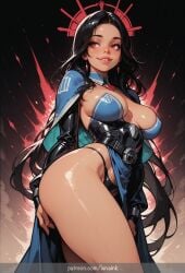 1girl breasts solo red_eyes black_hair long_hair jewelry large_breasts smile panties underwear earrings black_panties thighs capelet dark-skinned_female parted_lips dark_skin pelvic_curtain lips shiny_skin dress forehead belt explosion halo looking_to_the_side long_sleeves highleg hand_on_own_ass ass corset blue_dress parted_bangs maiden_(nikke) goddess_of_victory:_nikke lunaink ai_generated