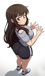 1girls ai_generated black_and_white_gym_shorts brown_hair female female_only grey_and_black_shirt light-skinned_female original_character round_ass round_breasts sarah_(anon) thick_thighs tomboy very_long_hair viewed_from_above white_and_black_shoes bra_strap 4_fingers 5_fingers looking_down ass_focus bubble_butt curious