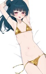 1girl :d absurdres amano_lier armpits arms_up ass_visible_through_thighs bed_sheet bikini blue_hair blunt_bangs blush breasts bright_pupils collarbone commentary_request cowboy_shot dutch_angle gold_bikini golden_week hair_bun halterneck highres long_hair looking_at_viewer love_live! love_live!_sunshine!! lying navel on_back on_bed open_mouth purple_eyes side-tie_bikini_bottom sidelocks small_breasts smile solo stomach string_bikini suggestive_fluid swimsuit thigh_gap thighs triangle_bikini_top tsushima_yoshiko untied_bikini_bottom white_pupils