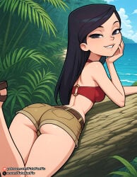 1girl ai_generated ass bangs bare_shoulders beach belt black_eyes black_hair breasts brown_shorts cloud day from_behind grin long_hair looking_at_viewer looking_back lying o-ring ocean on_stomach outdoors patreon_username short_shorts shorts sky smile solo