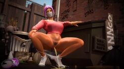 3d 3d_(artwork) blue_eyes comrade_shy face_mask femscout femscout_(alt_design) hairy_pussy no_pants panties panties_pulled_down peeing peeing_on_floor pink_hair pubes short_hair solo source_filmmaker squatting team_fortress_2 wet_panties