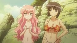 2girls animated beach bikini black_hair blue_eyes bouncing_breasts breasts hand_on_hip large_breasts long_hair louise_francoise_le_blanc_de_la_valliere medium_breasts multiple_girls official_copyright pink_eyes pink_hair screencap seashell_bra shell shell_bikini short_hair siesta small_breasts star swimsuit zero_no_tsukaima