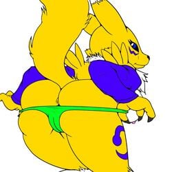 2014 2016 anthro anus areola ass big_breasts big_butt black_sclera breasts canine clothing digimon erect_nipples female fox fur hi_res looking_at_viewer looking_back mammal nipples panties renamon robinebra slashysmiley smile solo underwear undressing