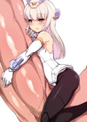 1boy baselard blush eyebrows_visible_through_hair female frame_arms_girl green_eyes hair_between_eyes harigane_shinshi minigirl pantyhose penis penis_hug sideboob small_breasts solo_focus white_background white_hair