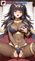 patreon watermark highres high_quality high_resolution 1girl 1girls artist_name stable_diffusion 2026 hi_res patreon_username electroworld ai_generated bangs breasts splayed_legs jewelry pillow open_legs two_side_up laying_down lying_on_back blunt_bangs fingering black_hair torn_clothes long_hair heart-shaped_pupils legs_spread on_bed lying blush on_back cape chest spread_legs boobs bust solo legs_apart tits tharja_(fire_emblem) fire_emblem