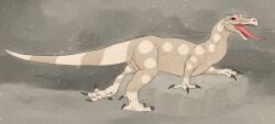 2026 absurd_res animal_genitalia baryonyx blush blush_lines bodily_fluids brown_claws butt circle_(marking) claws cloaca cloaca_juice cloaca_juice_drip dahlilia_(ferocious_ferals) dark_claws dinosaur fangs female feral ferocious_ferals flower flower_accessory genital_fluids genitals hi_res leg_markings markings open_mouth plant prehistoric_species presenting presenting_cloaca presenting_hindquarters red_eyes reptile saliva saliva_string saurischian scalie side_view signature simple_background socks_(marking) solo spinosaurid tail tan_background tan_body tapering_tongue teeth theropod tongue