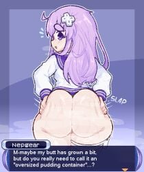 1girls amanewitchy ass ass_focus big_ass blush bubble_butt compile_heart d-pad_hair_ornament dialogue english_text female game_ui huge_ass hyperdimension_neptunia long_hair looking_back nepgear neptunia_(series) purple_eyes purple_hair sweat sweatdrop sweaty sweaty_ass text text_box thick_thighs