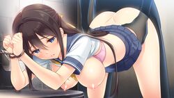 1boy ass bent_over black_hair blue_eyes blue_skirt bondage bound bound_wrists bra breasts chikan_da_~shinri_counselor_meika_no_shinryou_kiroku~ doggy_style female game_cg hair_ribbon kotobuki_natsumi large_breasts long_hair looking_back miniskirt neckerchief nemigi_tsukasa parted_lips pink_bra pleated_skirt ribbon school_uniform serafuku sex shirt_lift sidelocks skirt straight toilet underwear very_long_hair waist_grab