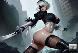 1girls 2b_(nier:automata) ai_generated ass black_blindfold black_footwear black_gloves black_hairband black_thighhighs blindfold boots breasts cleavage cleavage_cutout clothing_cutout covered_eyes feather-trimmed_sleeves feather_trim gloves hairband highleg highleg_leotard holding holding_sword holding_weapon juliet_sleeves katana large_breasts leotard lips long_sleeves mole mole_under_mouth nier nier:_automata outdoors parted_lips philon puffy_sleeves rain ruins short_hair skindentation solo stable_diffusion sword thigh_boots thighhighs thighhighs_under_boots thighs thong_leotard virtuous_contract weapon wet wet_clothes white_hair white_leotard yorha_2b