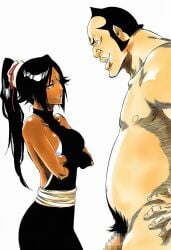 bleach oomaeda_marechiyo shihouin_yoruichi tite_kubo_style manga_style lineart official_style accurate_art_style accurate_body_type ai_generated simple_background white_background 1girls 1boy female male duo duo_focus mosaic_censoring censored_penis flaccid dark_skin dark-skinned_female black_hair yellow_eyes looking_at_another looking_at_partner hair_ornament tied_hair ponytail crossed_arms arms_crossed breasts medium_breasts sideboob shiny_skin shiny_hair standing clothed_female_nude_male sideburns height_difference navel hand_on_hip big_lips ugly_bastard ugly_man fat_ass fat fat_male overweight overweight_male pubic_hair male_pubic_hair backless_outfit clothing clothed smile grin halterneck long_hair bare_shoulders eye_contact light_skin light-skinned_male parted_lips penis