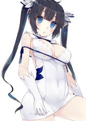 absurdres arm_ribbon bare_shoulders black_hair blue_eyes blush breasts cleavage cleavage_cutout dress dungeon_ni_deai_wo_motomeru_no_wa_machigatteiru_darou_ka female gloves hair_ornament hair_ribbon hestia_(danmachi) kou_mashiro large_breasts long_hair long_twintails looking_at_viewer rei_no_himo ribbon solo tied_hair twintails white_dress white_gloves