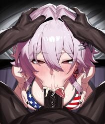 1boy 1girls ai_generated american_flag_bikini bikini black_male black_nails blacked blowjob choker choking cum cum_in_mouth cum_in_nose dark-skinned_male earrings evernight_(honkai:_star_rail) fellatio futa_with_male futanari futasub gooonetteai hair_ornament hand_on_ass honkai:_star_rail interracial large_breasts muscular_male naughty_face netorare pink_hair red_eyes sexually_suggestive spade_earrings tongue trans_woman vacuum_fellatio veiny_penis very_dark_skin white_female