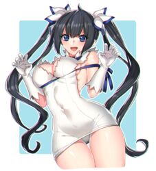 black_hair blue_eyes bow breasts cleavage_cutout dress dungeon_ni_deai_wo_motomeru_no_wa_machigatteiru_darou_ka female gloves hestia_(danmachi) katagiri_hachigou large_breasts long_hair long_twintails looking_at_viewer open_mouth rei_no_himo ribbon shiny shiny_skin skin_tight solo thighs tied_hair twintails white_dress white_gloves