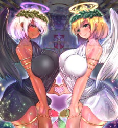 2futas angel_halo angel_wings big_breasts big_penis bimbo blonde_hair breasts condom condom_filling condom_on_penis crucifix crucifix_earrings cum cum_in_condom dark_skin dickgirl dress dual_persona erection female futa_on_futa futa_with_futa futanari gold_hair green_eyes halo heart horny intersex penis red_eyes silver_hair smile urakata_(artist)