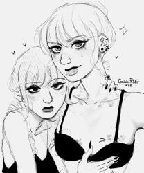 2girls bite_mark bite_mark_on_breast bite_mark_on_neck bite_mark_on_shoulder bite_marks black_and_white bra ear_piercing earrings enid_sinclair female female/female female_only floating_heart gretchenrng hand_on_breast kiss_mark kiss_marks kiss_marks_all_over lesbian lipstick_mark lipstick_marks reference_image running_mascara runny_makeup sharp_fingernails sharp_nails the_addams_family wednesday_(netflix) wednesday_addams wip work_in_progress yuri