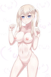 1girls blonde_hair blue_eyes blush breasts collarbone female female_only graf_zeppelin_(kantai_collection) highres kantai_collection light-skinned_female light_skin long_hair looking_at_viewer medium_breasts navel nipples nude pale-skinned_female pale_skin paw_pose pussy seinz0 shaved_pussy simple_background solo tied_hair twintails uncensored