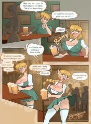2025 absurd_res bar bartender beer_mug beingobscene big_breasts blonde_hair blush braided_hair breast_growth breasts camel_toe chair clothing dialogue digital_media_(artwork) dress ear_expansion elf english_text expansion female furniture gender_transformation green_clothing green_dress green_eyes green_shirt green_topwear group growth hair hi_res human human_to_humanoid humanoid humanoid_pointy_ears identity_death inside male mammal mtf_transformation nipples not_furry open_mouth patreon_link pointy_ears reality_shift shirt short_hair smile solo_focus species_transformation standing table text topwear transformation url