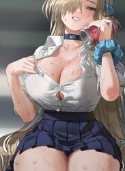 1girl absurdres asuna_(blue_archive) asuna_(school_uniform)_(blue_archive) blonde_hair blue_archive blue_eyes blue_skirt breasts button_gap can choker cleavage collarbone commentary dagam drink_can grin hair_over_one_eye hair_ribbon highres holding holding_can hyeonjong8 large_breasts long_hair looking_at_viewer mole mole_on_breast pleated_skirt ribbon school_uniform scrunchie shirt sitting skirt sleeves_rolled_up smile solo sweat thick_thighs thighs very_long_hair white_shirt wrist_scrunchie